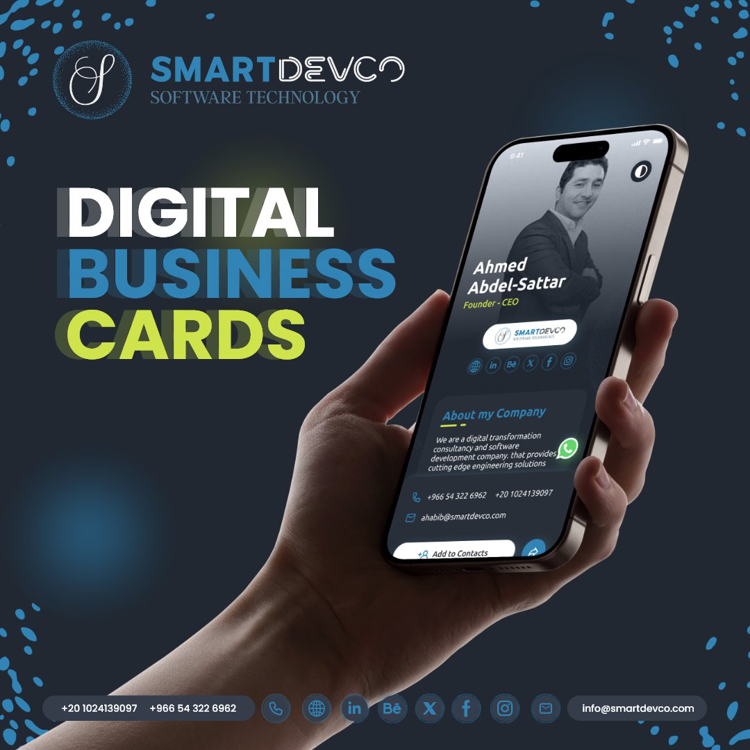 SmartDevCo's tweet image. Digital Business Card ✨ is your sustainable solution for your current paper business card. it is an innovative way to share your contact as a professional interactive website. 

Want yours Now? don&apos;t hesitate to Contact us. 🤳

#SmartDevCo #SmartDev #SmartDevCompany  #SDC