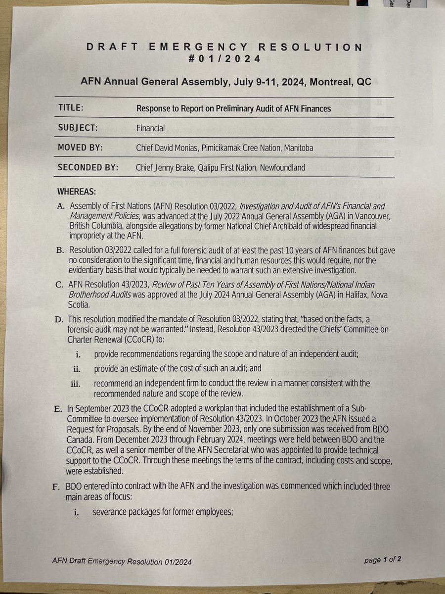 BrettForester's tweet photo. #Breaking: The Assembly of First Nations has agreed a forensic audit, as ex-national chief RoseAnne Archibald called for, "is not warranted," following a preliminary investigation by BDO.

This emergency resolution was just passed with no objections. https://t.co/IxuSn1DZN0