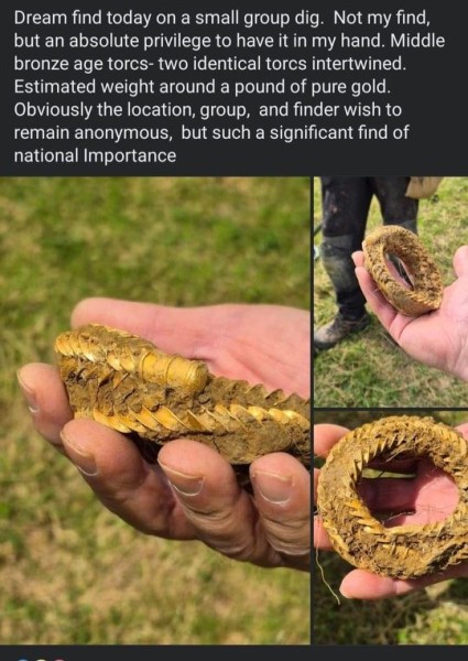 _detectorist_'s tweet photo. Spectacular bronze age gold torcs found in Cumbria a few days ago by a metal detectorist. Over one pound of solid gold. Item of national importance. https://t.co/LODCvAEf1b