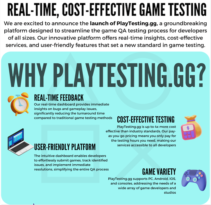 💡 Efficient, cost-effective, and reliable game testing with PlayTesting.gg. Join us and enjoy 4 free hours of testing to see the benefits firsthand!

#gamedev #indiedev #GameTesting #PlayTesting