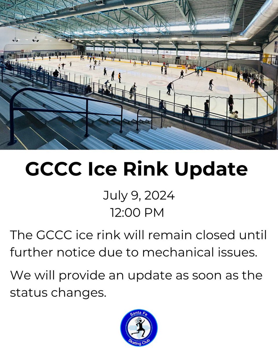 SantaFeSC's tweet image. The GCCC ice rink will remain closed until further notice due to mechanical issues. We will provide an update as soon as the status changes.