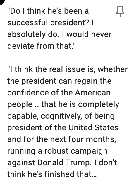 Sarah Ferris (@sarahnferris) on Twitter photo In first interview, <a href="/RepSusanWild/">Rep. Susan Wild (Archived)</a> on local TV WFMZ does *not* call for Biden to leave 2024 race, says she was "proud" to work with him.
But she adds Biden has "not finished" making case to voters that he is "capable, cognitively" of being president and running a campaign In first interview, <a href="/RepSusanWild/">Rep. Susan Wild (Archived)</a> on local TV WFMZ does *not* call for Biden to leave 2024 race, says she was "proud" to work with him.
But she adds Biden has "not finished" making case to voters that he is "capable, cognitively" of being president and running a campaign
