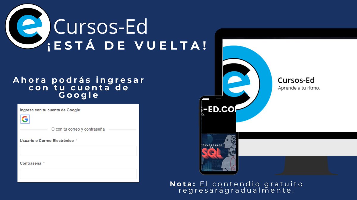 Cursos_Ed's tweet photo. Cursos-Ed ¡Está de vuelta!
Ahora podrás ingresar con tu cuenta de gmail.
Nota: El contenido gratuito regresará poco a poco. https://t.co/rbBQOmsF1I