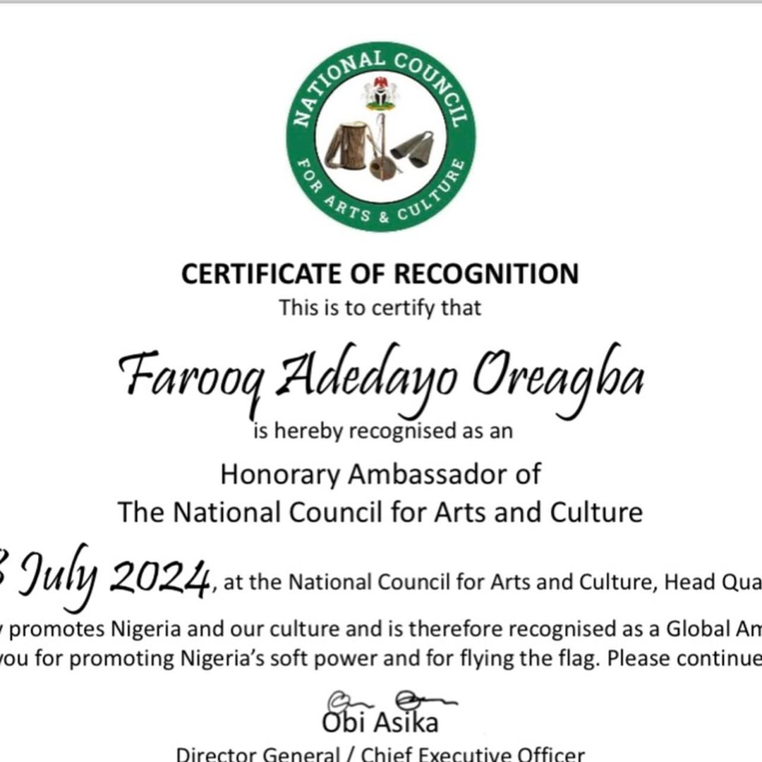 abdullahayofel's tweet photo. "NG Clearing's Farooq Oreagba honored as Honorary Ambassador by National Council for Arts and Culture for standout performance at Ojude Oba Festival.
Director General Obi Asika announces the recognition on Instagram.
#CultureRecognition #OjudeOba #NGClearing https://t.co/UnFIYr1DHw