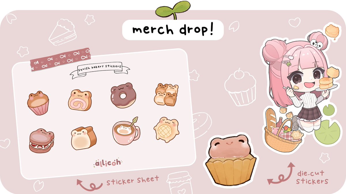 allicoh's tweet image. ‧ ₊˚ SUMMER MERCH DROP ˚₊ ‧

get comfy &amp;amp; let’s share some snacks?  ˶ᵔ ᵕ ᵔ˶

🌱 new sticker designs
🍰 pre-orders are open @ the link below!

RT♡ for a chance to win a merch bundle!

#vtuber | #envtuber