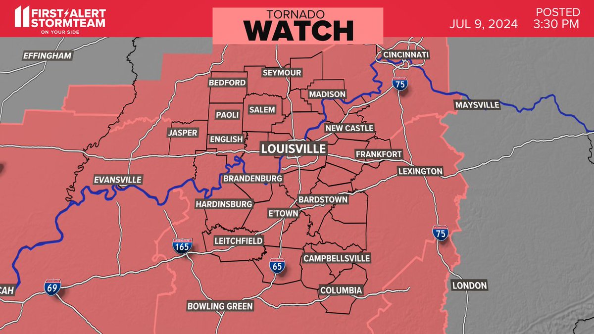 JUST IN | A Tornado Watch has been issued for parts of the WHAS11 viewing area until Jul 10 12:00AM EDT. Know where you can take shelter. Watch WHAS11 for the latest forecast. #kywx #inwx