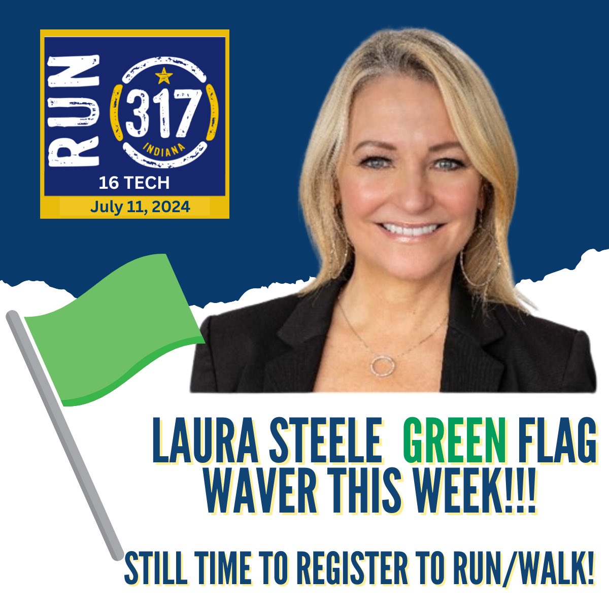 RealLauraSteele's tweet photo. Thanks #Run317 for inviting me to wave the green flag this Thursday! Still time to sign up for this unique marathon event that takes place in several spots around the “317” &amp; benefits local charities. More info at https://t.co/lDRpuqM3RF 💚 https://t.co/g1tceCcPt5