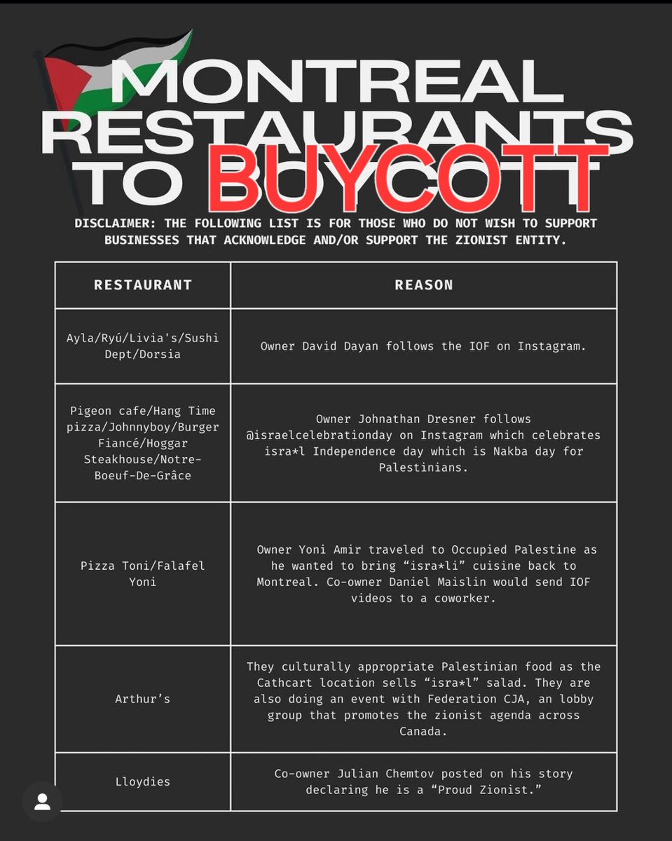 truckdriverpleb's tweet image. Palestine Protestors have put out a list of JEWISH owned restaurants in Montreal to boycott

It's starting to feel a lot like 1930's Germany again here in Canada and the lunatic WOKE left is cheering this on