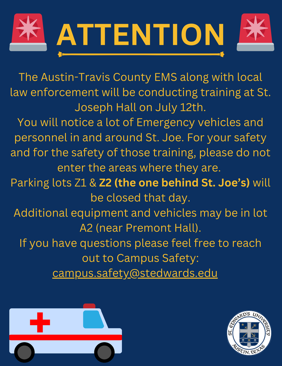 SEUSafety's tweet photo. Local first responder organizations will be conducting training exercises in St. Joseph's Hall on Fri, 7/12.  Expect lots of activity in the area.  Also, parking  around St. Joe's will be unavailable.  If you have any questions or concerns please reach out to Campus Safety. https://t.co/bd9OugnPZH