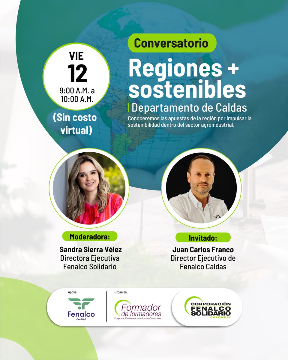 FenalSolidario's tweet photo. No te pierdas nuestro conversatorio “Regiones + Sostenibles”

Juan Carlos Franco, Director Ejecutivo de Fenalco Caldas, y nuestra Directora Ejecutiva, Sandra Sierra, hablarán sobre las apuestas de la región por impulsar la sostenibilidad.

Inscríbete aquí: https://t.co/4OZH9409dx https://t.co/36ZDeTtxCK