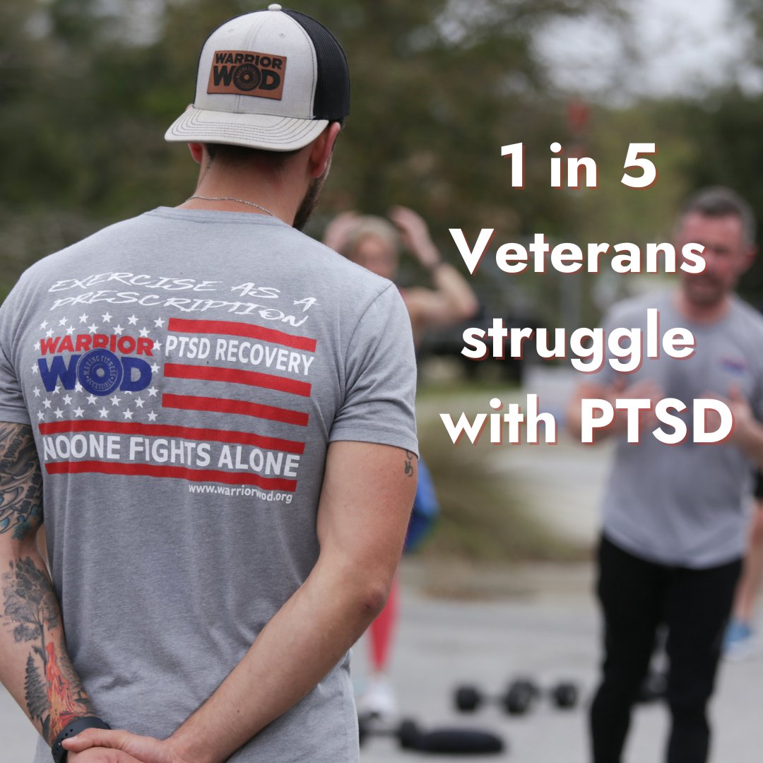 Did you know that 1 in 5 veterans face PTSD? WarriorWOD is here to help through exercise, nutrition, and mentorship. Join us in supporting our heroes. 💪🌟 #PTSDRecovery #VeteranSupport #WarriorWOD