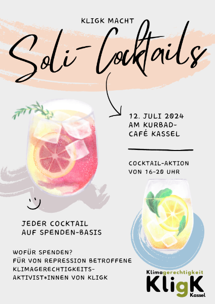 Freitag Abend noch nix vor? 
Soli-Cocktails im Kurbad 16-20 Uhr:
1. wir feiern die Einstellung im Verfahren gegen fünf KligK-Aktivisti für Bannerdrop zum #Gasausstieg 2030
2. brauchen wir Geld für neues Klettermaterial, das die Cops uns nicht wieder geben wollen.
Kommt vorbei!