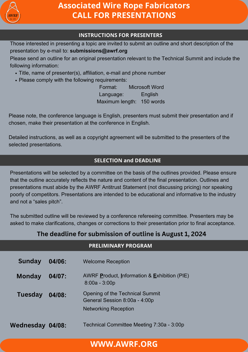 awrf's tweet photo. Are you ready to take the podium at our next AWRF Technical Summit?
We are looking for industry leaders to present their ideas to our audience of members and rigging professionals.
submissions@awrf.org
#AWRF #GeneralMeeting #PIE #TechnicalSummit #Presentation https://t.co/45xE86FouW