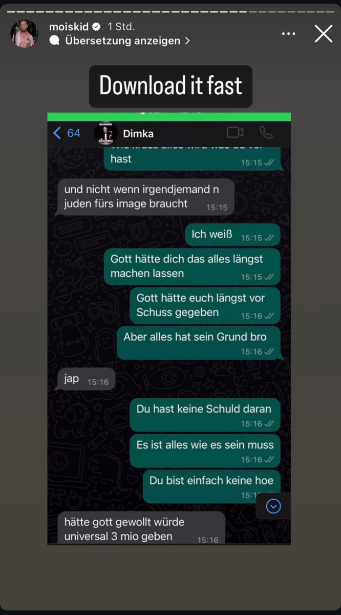 Mois beweist hier wieder mal wie RADIKAL Kollegah eigentlich ist. Hier der Ausschnitt eines Chats zwischen Sun Diego und Mois, wo Sun Diego bemängelt, dass Kollegah ihn nur als Quotenjuden gebraucht hätte: