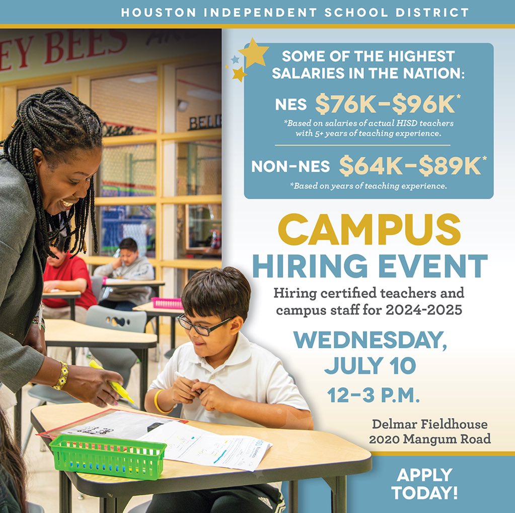 HISD is excited to host applicants at tomorrow's campus hiring event at 12 p.m. at Delmar Fieldhouse. See you there!

Register now: blogs.houstonisd.org/news/2024/07/0…