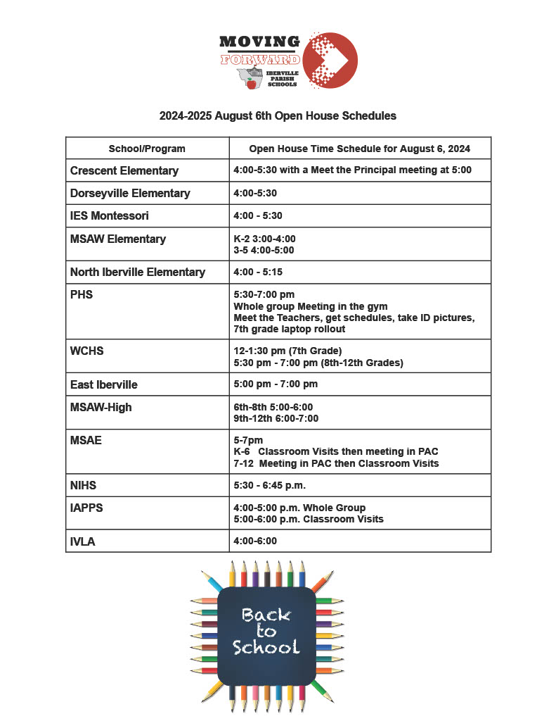 Open House Schedule for the upcoming school year! #MovingForward