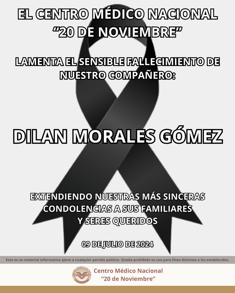 cmn20noviembre's tweet photo. El C.M.N. 20 de Noviembre se une a la lamentable pérdida de nuestro compañero Dilan Morales Gomez
Uniéndonos a la pena que embarga a su familia, extendiendo nuestras más sinceras condolencias.
Julio 2024.
#CMN20Nov https://t.co/mfyTMSaSia