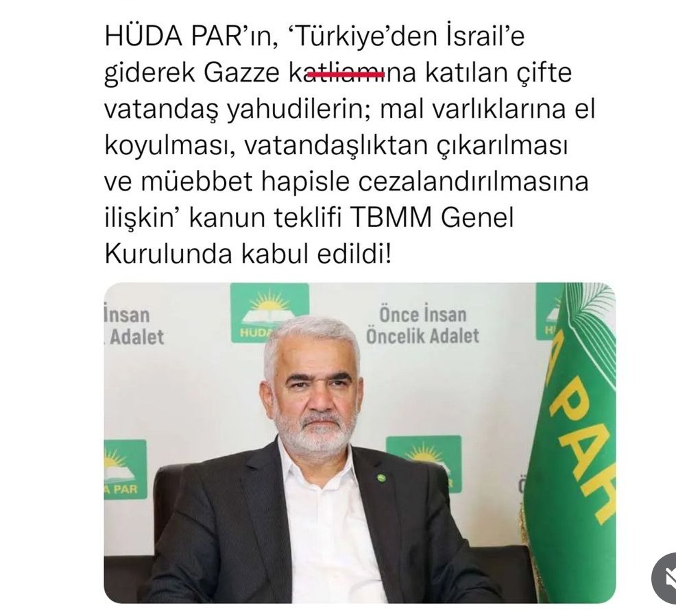 Türkiye'den  terörist israil'e giderek Gazze'de soykırıma katılan çifte vatandaş yahudilerin; mal varlıklarına el konulması vatandaşlıktan çıkarılması müebbet hapisle cezalandırılması kanun teklifi TBBM Genel kurulunda kabul edildi. 
Hayırlı olsun 
#ülkemdesiyonististemiyorum