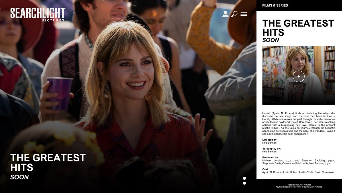 © 𝗦𝗲𝗮𝗿𝗰𝗵𝗹𝗶𝗴𝗵𝘁 𝗣𝗶𝗰𝘁𝘂𝗿𝗲𝘀 ᴿᴾ
𝖥͟𝗂͟𝗅͟𝗆͟𝗌 &amp; 𝖲𝖾𝗋𝗂𝖾𝗌: #TheGreatestHitsRP   

﹝  🎞️  ﹞ ——   𝗖𝗼𝗺𝗶𝗻𝗴 𝗦𝗼𝗼𝗻: Is a 2024 American romantic fantasy film written, produced and directed by Ned Benson. © #SearchlightPicturesRP