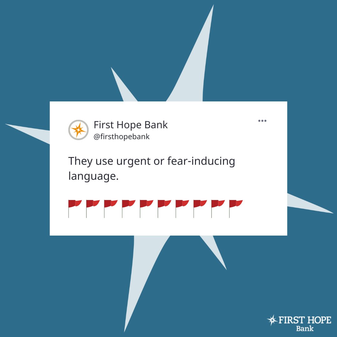 FirstHopeBank's tweet image. Phishing scams can be tricky, but knowing the red flags is key to protecting your peace. Keep your banking info secure with these tips!🚩

#FirstHopeBank #ProtectingYourPeace #PhishingPrevention