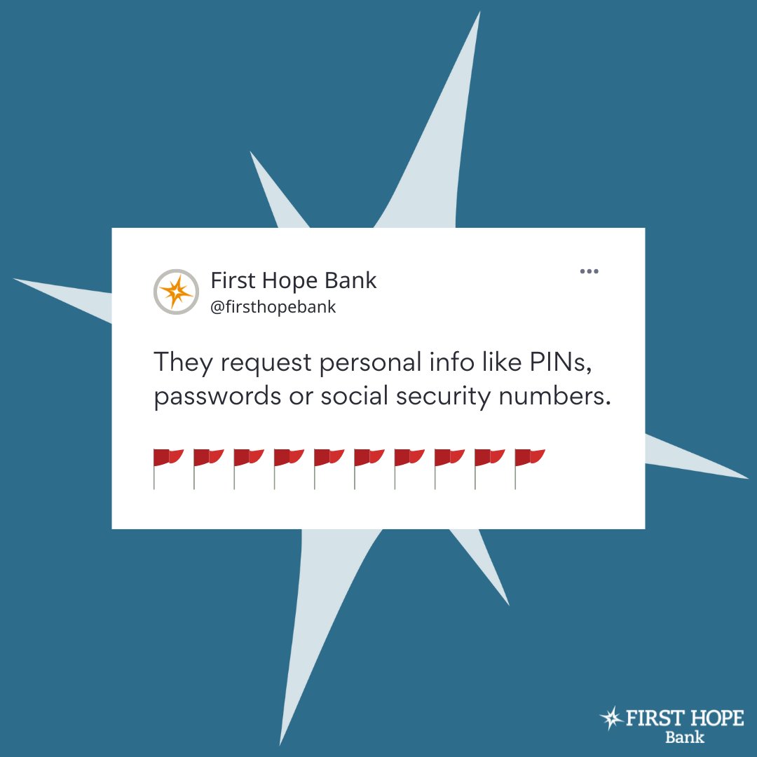 FirstHopeBank's tweet image. Phishing scams can be tricky, but knowing the red flags is key to protecting your peace. Keep your banking info secure with these tips!🚩

#FirstHopeBank #ProtectingYourPeace #PhishingPrevention