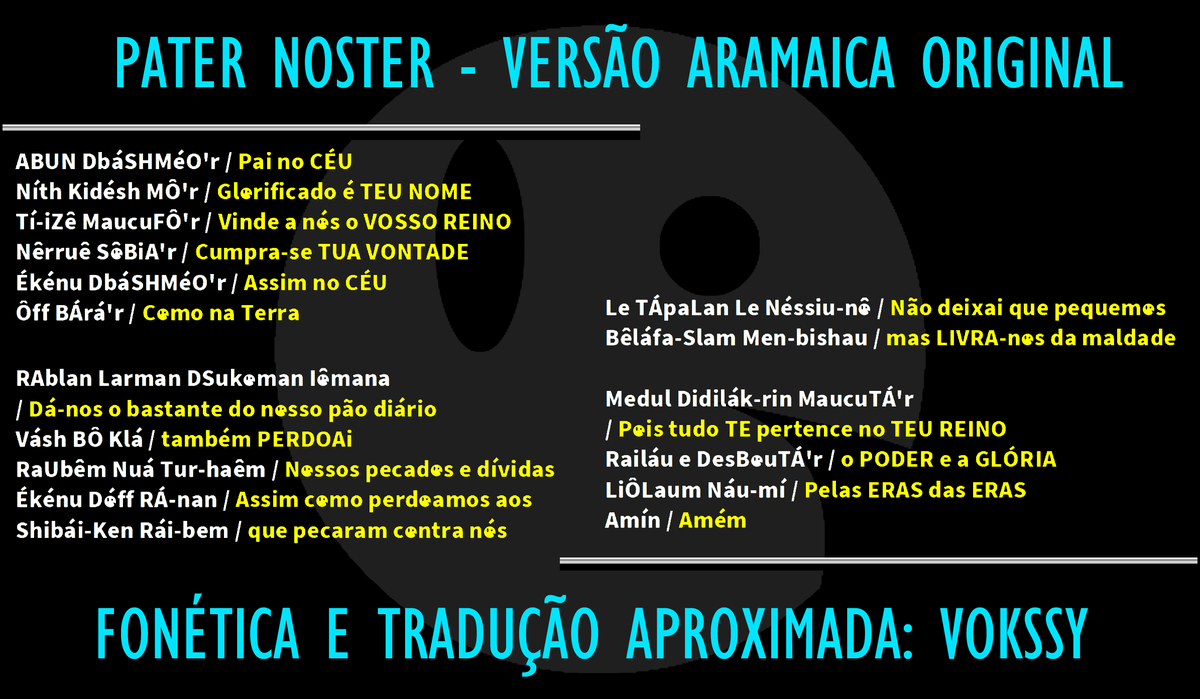PRIMEIRA VERSÃO
Representação fonética do Pai-Nosso em Aramaico para o Português do Brasil✅
Interpretação silábica: vokssy
#LordsPrayer 🟣 #NotrePere 🟣 #PadreNuestro 🟣 #VaterUnser🟣 #PaiNosso 🟣 #PadreNostro 🟣 #PaterNoster 🟣 #AvinuShebashamaim 🐟
💜✝️ SHLOMO ✝️💜
😌 PRAY! ⬇️