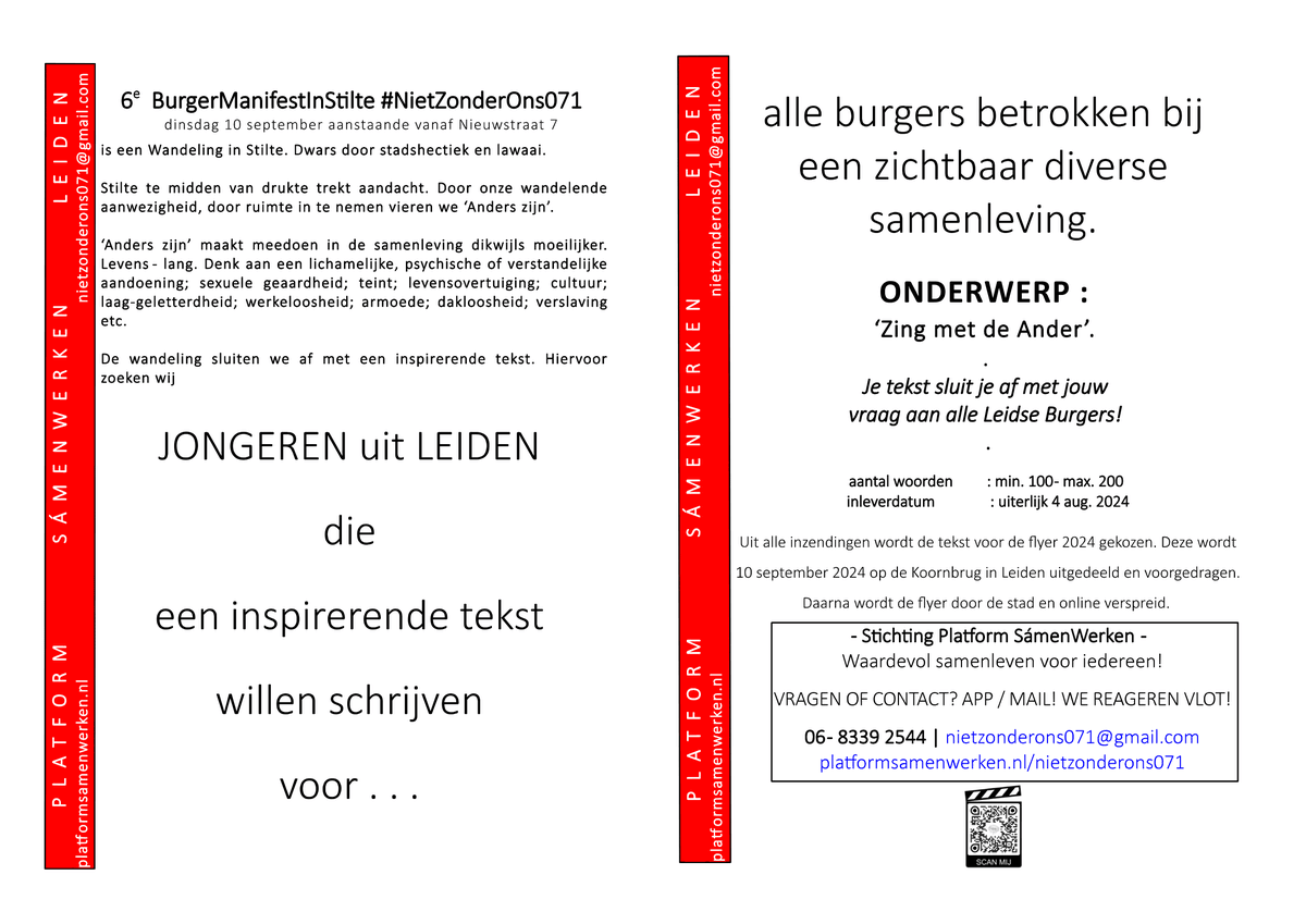 "De deelnemers hebben geschreven over het doorzettingsvermogen van mensen die als anders worden bestempeld, de deelnemers hebben ons eraan herinnerd onszelf te zijn." 

Jury Flyertekst BurgerManifestInStilte 2023 #NietZonderOns071   

OPROEP JONGEREN FLYERTEKST 10 sept. 2024