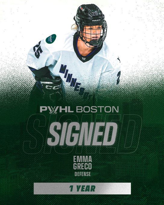 Graphic announcing a player signing:
Image cutout of Emma Greco in her white away Minnesota uniform.
Text reads Emma Greco, Defender - 1 year.