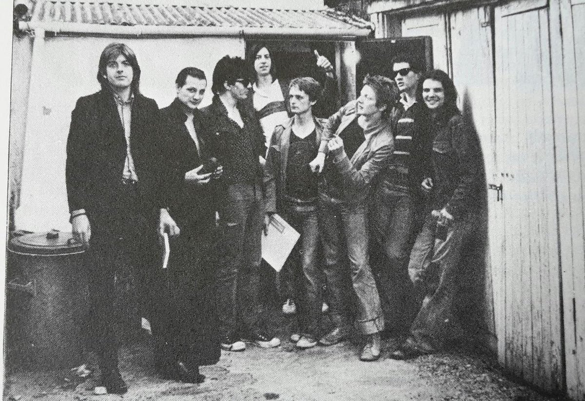Nick Lowe and The Damned outside Pathway Studios, Grosvenor Avenue, N5