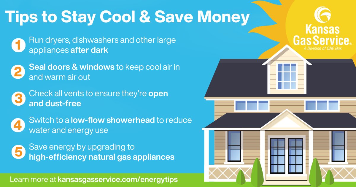 KansasGas's tweet photo. Don’t let the summer heat drain your energy! Check out these tips to stay cool while conserving energy and saving money in your home. 😎 #EnergyEfficiency #Summertime https://t.co/NaxwVH1Zxp