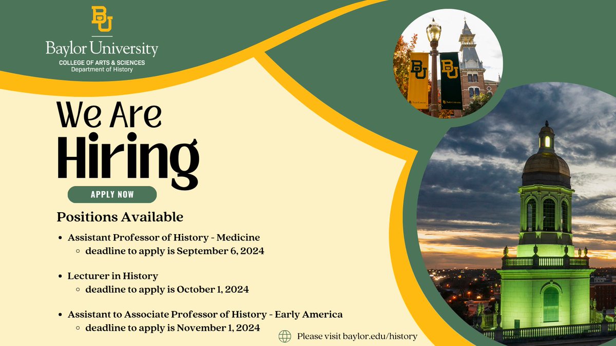 📢HIRING UPDATE ‼️ We added another faculty position. Check out all three and apply today! history.artsandsciences.baylor.edu/hiring 

#AcadmicCareers #AcademicExcellence #CareerGrowth #ApplyNow #HiringAlert #HistoryOfMedicine #HistoryLecturer #HistoryOfEarlyAmerica