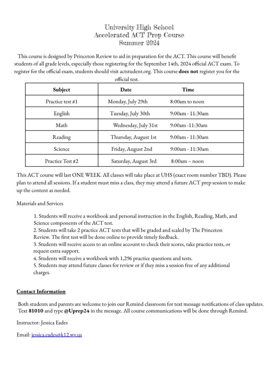 UHSHawks's tweet image. The summer session ACT Prep course will begin July 29th & run through August 3rd. To register, please complete the form and email to Mrs. Eades at: jessica.eades@k12.wv.us ASAP to secure your place in class. The registration deadline is July 17th. Email Mrs. Eades with questions.