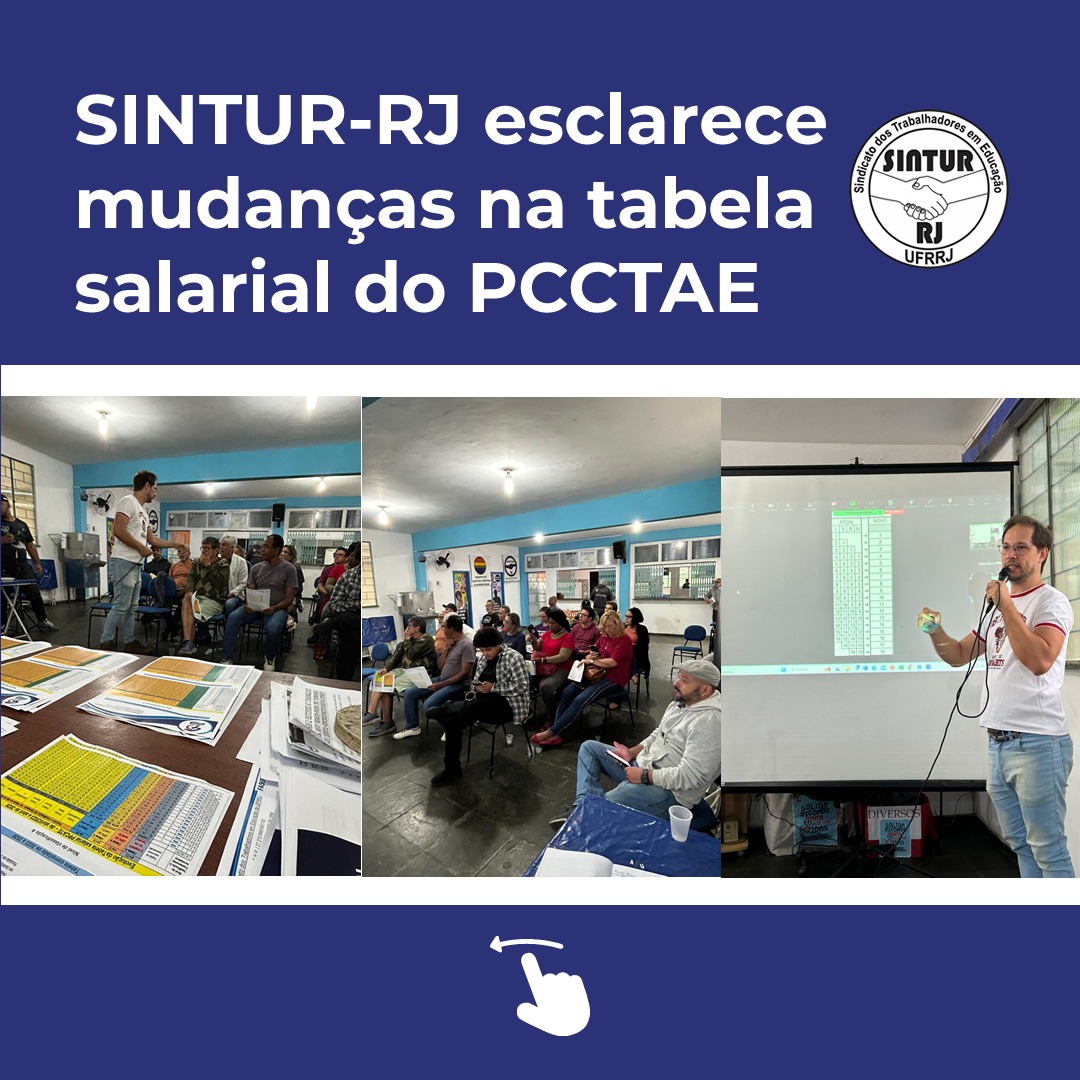 A mudança salarial na Carreira TAE foi explicada pelo coordenador do SINTUR-RJ, Victor Teixeira, na manhã desta terça-feira (9). 

Confira os valores do primeiro e segundo reajustes conquistado pela categoria, que devem acontecer a partir de 2025 e 2026: sinturrj.org.br/galeria/notici…