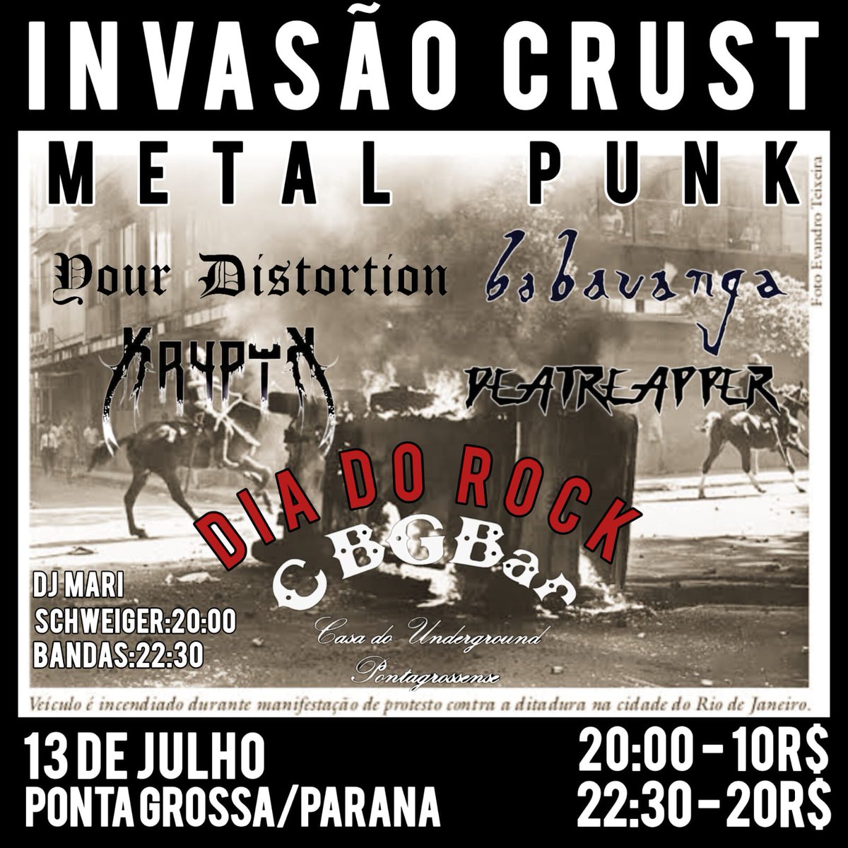 bradorecords's tweet photo. 🚨ALERTA DE SHOW 🚨

📅 Dia 13 de Julho
📌CBGBar (Ponta Grossa-PR)
🎶 Babavanga tocando pela primeira vez na cidade!

🎟️R$10,00 (até as 20:00) / R$20,00 (a partir das 22:30) https://t.co/YPsq4AYqTm