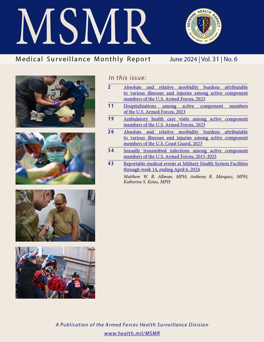 AFHSDPAGE's tweet photo. What was the impact of illnesses and injuries among the U.S. Armed Forces in 2023? The MSMR contains summaries on the annual “burden” of health care services delivered to active and reserve component service members. Read the latest #MSMR to learn more: https://t.co/ysatYPS6Ex https://t.co/aLyZRs9SRt