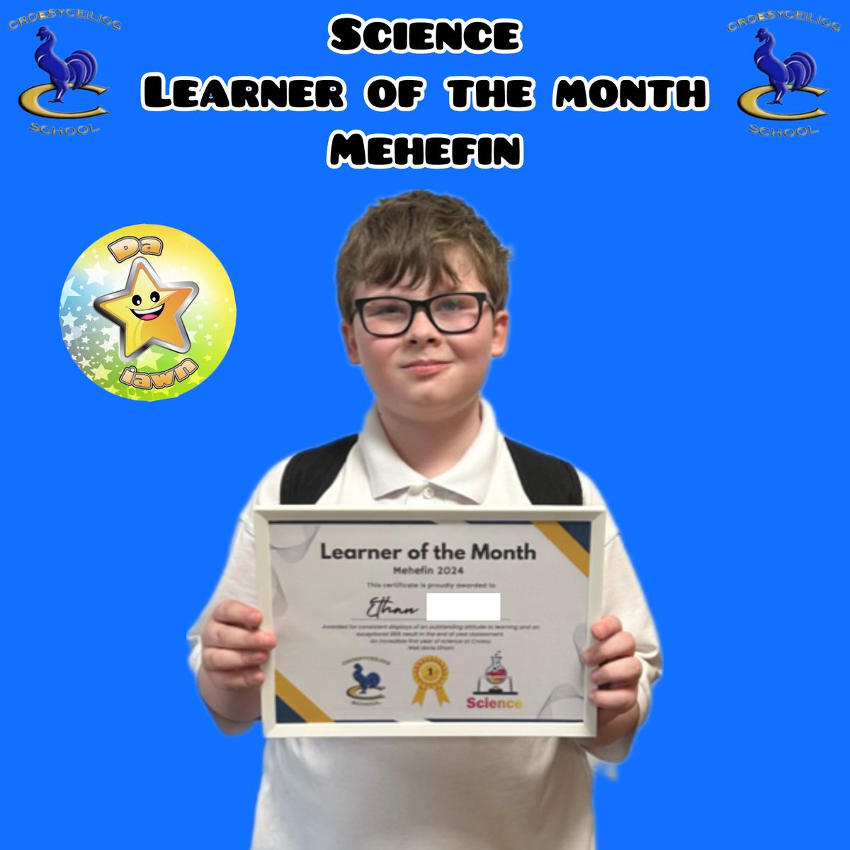 Congratulations to Ethan (7JD) for being awarded science learner of the month for June. Ethan has had a perfect first year in science at Croesy. Excellent attitude and enthusiasm all year, finished off with a phenomenal end of year assessment score. 
Well done Ethan!