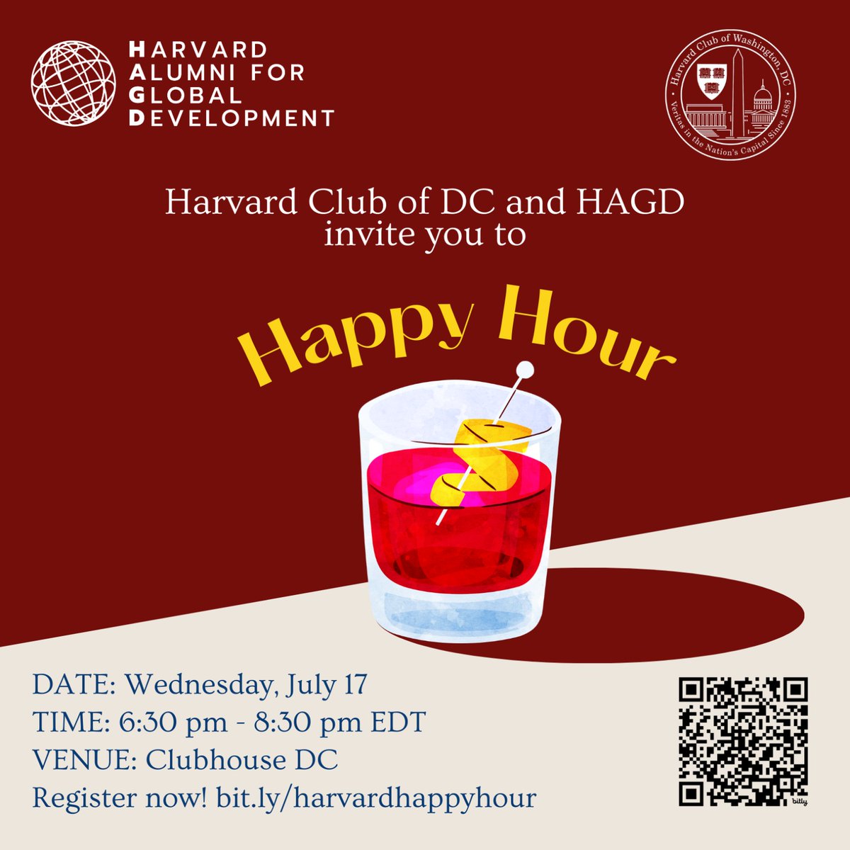 We're delighted to join <a href="/HarvardDC/">Harvard Club of DC</a> to host a networking happy hour! If you're based in the Washington, D.C. area, join us for an evening to share ideas, mingle and grow your network. RSVP today: harvard-dc.org/event/hagd/