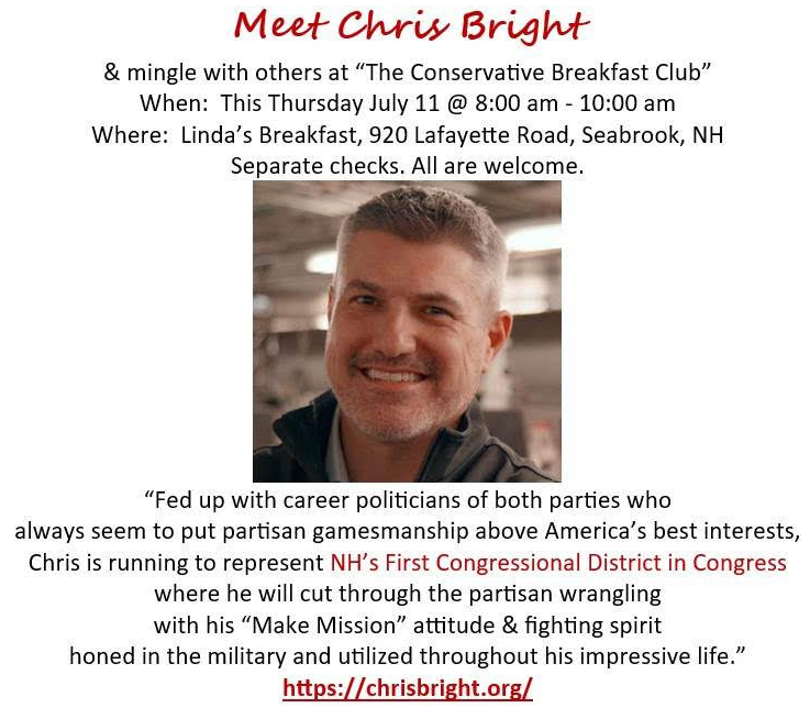 GopHampton's tweet photo. 8-10am Thurs 7/11, Meet #cd01 Cand @ChrisBrightNH
@Linda's. #Seabrooknh #seacoastnh #nhseacoast #hamptonnh #nhpolitcs #nhgop #RockinghamGOP #nhtaxes #sau90 #nh01 #VoteRed #votered2024 #nhedu #hamptonfallsnh #nhveterans #nhgov #rockinghamcountynh #votenh #brentwoodnh #greenlandnh https://t.co/dZC046l2YA
