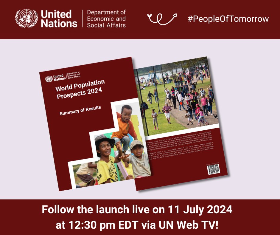 Growing or shrinking – what do the latest trends tell us about the global population and #PeopleOfTomorrow?

Join us tomorrow for the launch of the latest #UNPopulation data and the World Population Prospects 2024!

🗓️ 11 July 2024
🕧 12:30 pm EDT
📺 webtv.un.org/en/asset/k1p/k…