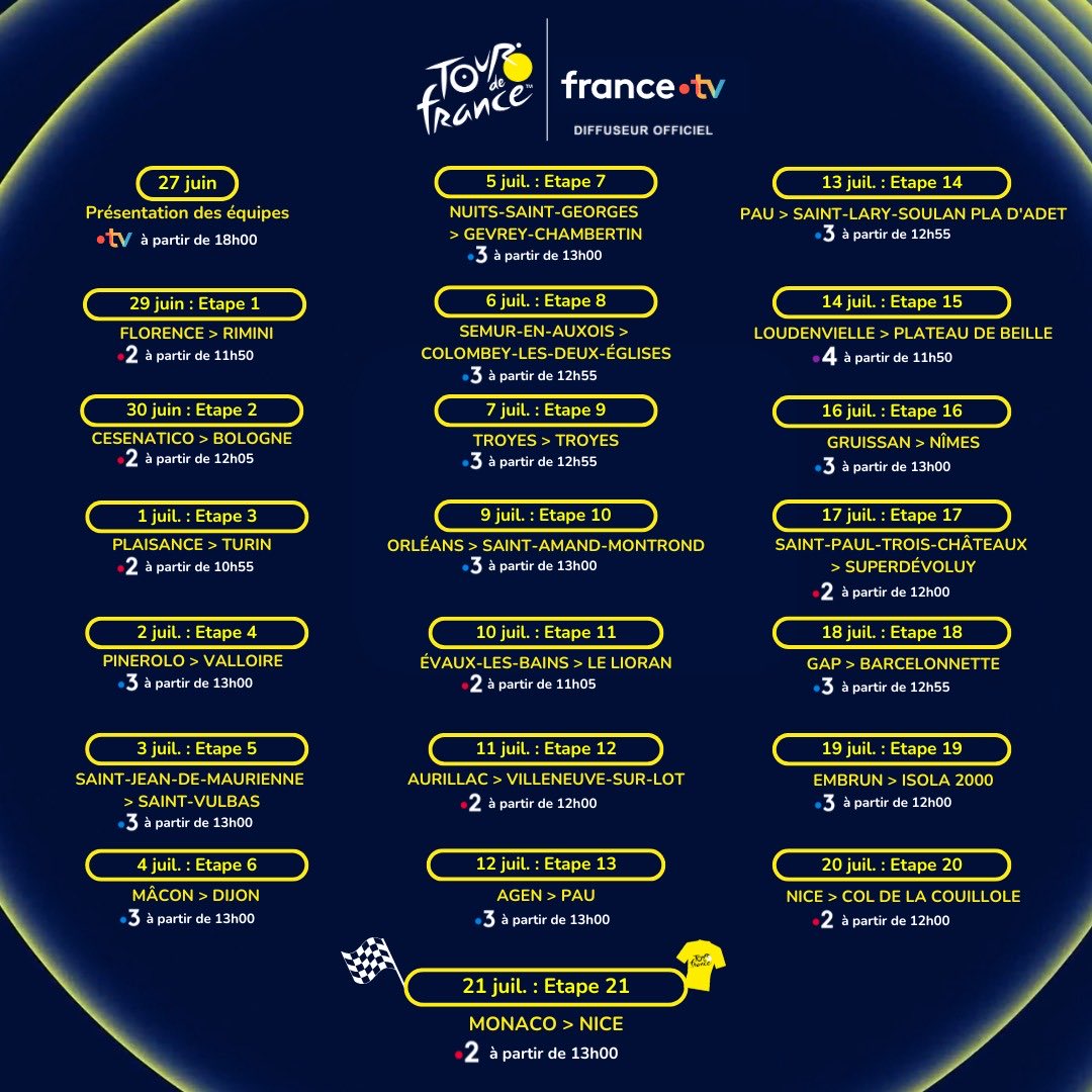 #TDF2024 🚴 sur #francetv… voici les dates 🗓 à connaître !

<a href="/francetv/">France tv</a> <a href="/francetele/">France Télévisions</a> <a href="/letour/">Tour de France™</a> <a href="/francetvsport/">francetvsport</a>