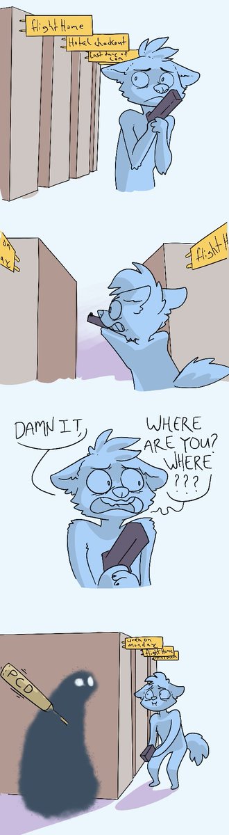 terribabble's tweet image. Post con depression be like &quot;Im&apos;a getcha!&quot; 

Hope everyone made a safe trip home from AC2024, anthrocon has highs and lows, remember to reach out to people when you need support ❤️ 

Furry art by @skizzers1 based on a comic by @OwlTurdComix