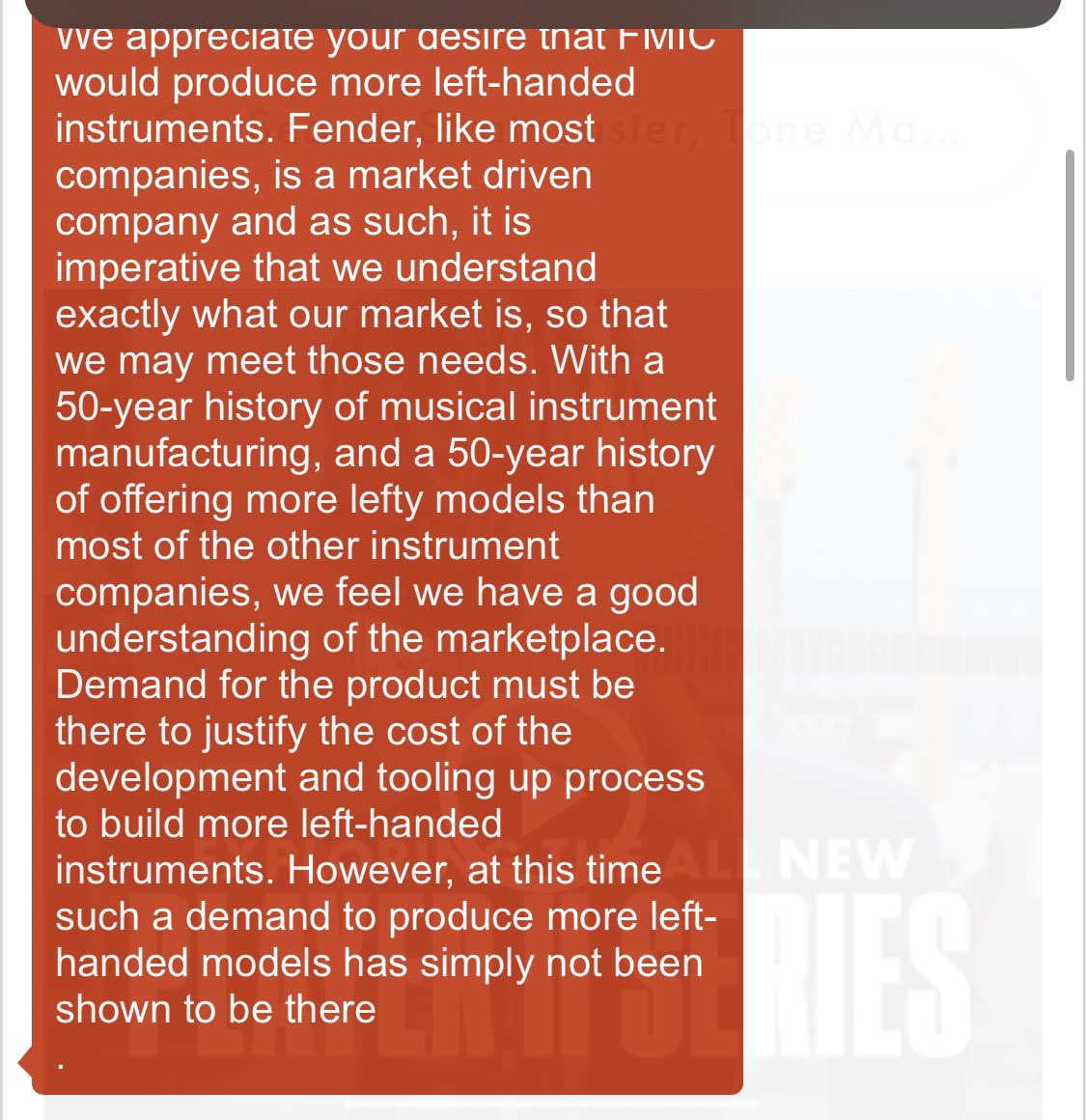 jaredoestuff's tweet photo. @Fender How do you know lefty guitars don't sell if you don't offer more than the same thing. We won't buy what we already have. Try making Jags or Mustangs or HSS Strats, they'll sell fast. Also, this says 50 years which leads me to think this has been your response for 20 years https://t.co/jelEa8NoCf