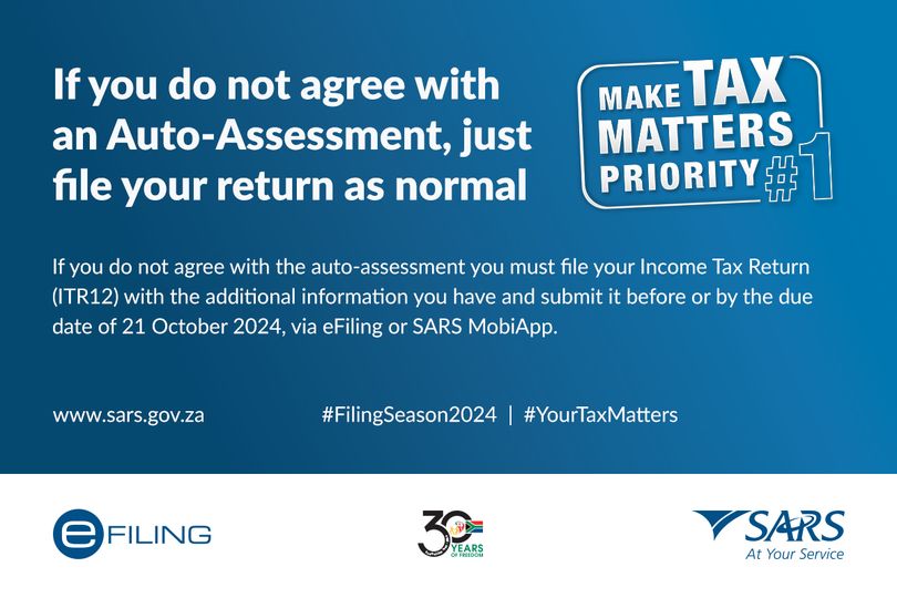 GCISWesternCape's tweet image. If you disagree with the auto-assessment you must file your Income Tax Return (ITR12) with the additional information you have and submit it before 21 October 2024, via eFiling or SARS MobiApp: bit.ly/3JOBEpQ
#YourTaxMatters #AutoAssessment