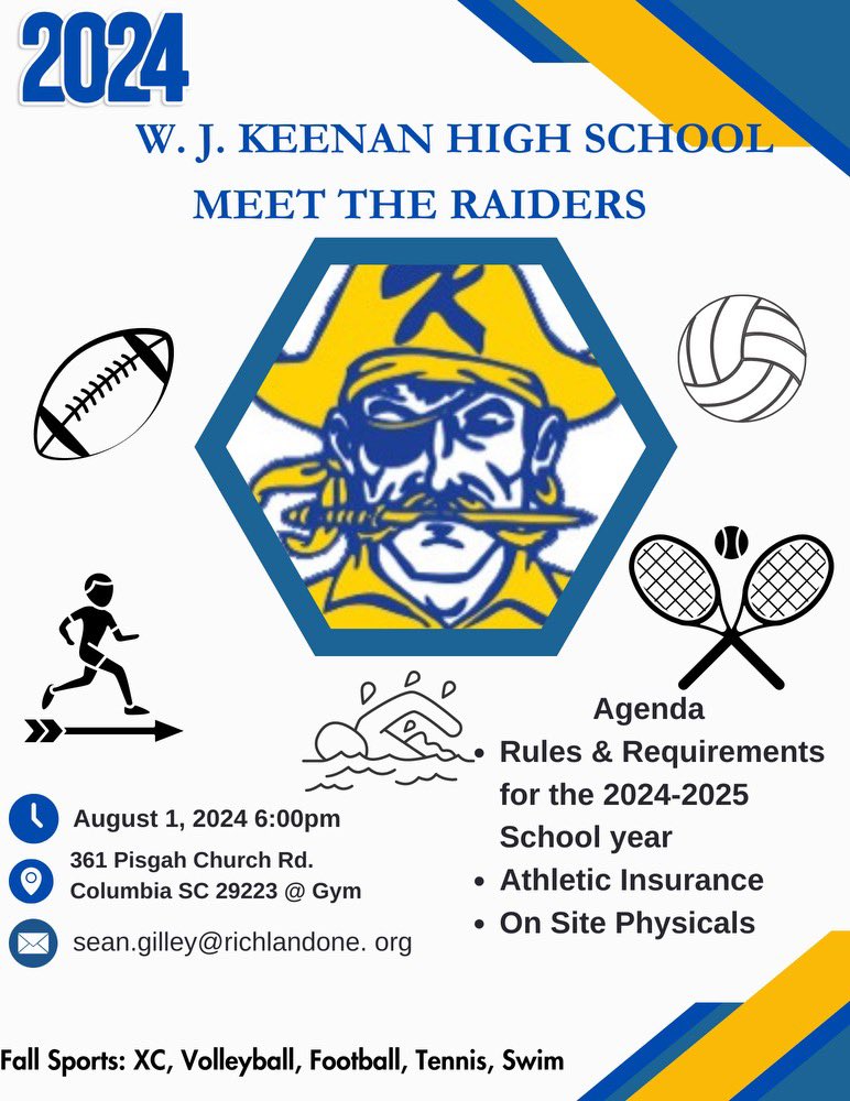 wjkeenanraiders's tweet photo. Save the date, Raiders! Aug. 1, we will have our annual parent meeting for fall sports and share other important information for the athletic year. https://t.co/zt0NfL8S0U