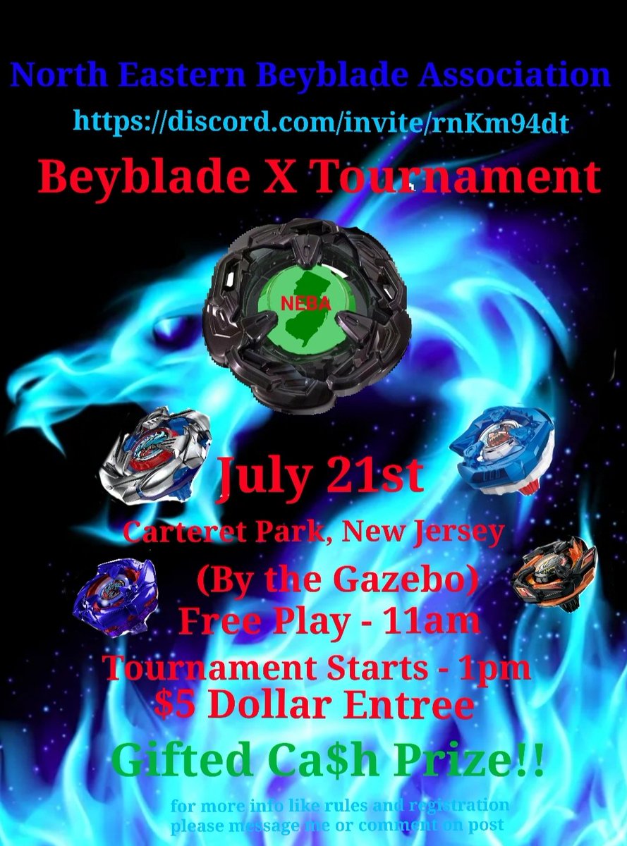 evildante1989's tweet photo. Hello everyone our next Beyblade X Tournament will be on Sunday, July, 21st. At Carteret Park, Carteret New Jersey.

Looking forward to seeing you all there. https://t.co/vXdFRFHmTG