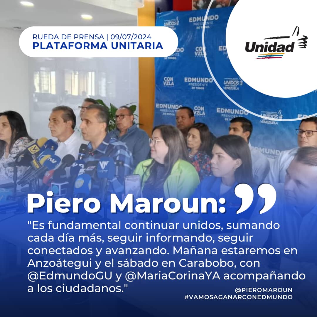 #9Julio <a href="/PieroMaroun/">Piero Maroun</a>: "Para nosotros es fundamental continuar unidos, sumando cada día más, seguir informando, seguir conectados y avanzando. Mañana estaremos en Anzoátegui y el sábado en Carabobo, con <a href="/EdmundoGU/">Edmundo González</a> y <a href="/MariaCorinaYA/">María Corina Machado</a> acompañando a los ciudadanos".
<a href="/ADOrganizacion_/">AD Organización Nacional</a>
