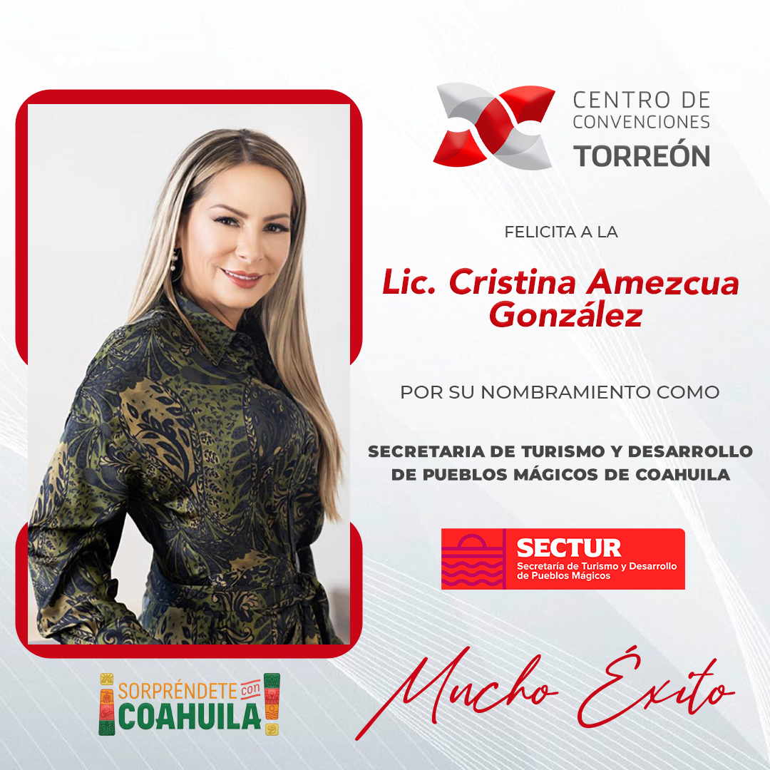 Felicitamos a la Lic.<a href="/CristinaAmezcua/">Cristina Amezcua</a> por su reciente nombramiento como 𝗦𝗲𝗰𝗿𝗲𝘁𝗮𝗿𝗶𝗮 𝗱𝗲 𝗧𝘂𝗿𝗶𝘀𝗺𝗼 𝘆 𝗗𝗲𝘀𝗮𝗿𝗿𝗼𝗹𝗹𝗼 𝗱𝗲 𝗣𝘂𝗲𝗯𝗹𝗼𝘀 𝗠á𝗴𝗶𝗰𝗼𝘀. 
¡Enhorabuena!

<a href="/Coahuila/">Turismo de Coahuila</a> #SorpréndeteConCoahuila