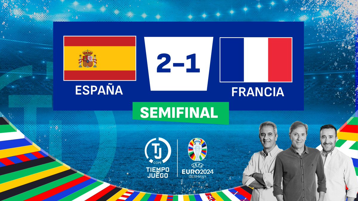 💥 ¡FINAL! ESTAMOS EN LA FINAL DE LA EUROCOPA
🇪🇸 ESPAÑA 2 - 1 FRANCIA 🇫🇷
⚽️ Kolo Muani 8'
⚽️ Lamine Yamal 21'
⚽️ Dani Olmo 25'

🏆 España jugará la final el domingo a las 21:00

➡️ Semifinal de la #EURO2024
#EspañaFrancia