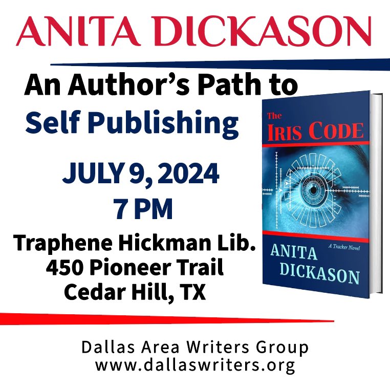 DAWGCedarHill's tweet photo. AN AUTHOR’S PATH TO 
SELF PUBLISHING

June 9, 2024 at 7 PM
The Traphene Hickman Library in a Park
450 Pioneer Trail, 
Cedar Hill, TX

Visit https://t.co/3OUSraTZL7 to participate via Zoom.

Discover Anita Dickason and her latest book, The Iris Code, at  https://t.co/UTvsAvYGQU. https://t.co/SFbS80mMST