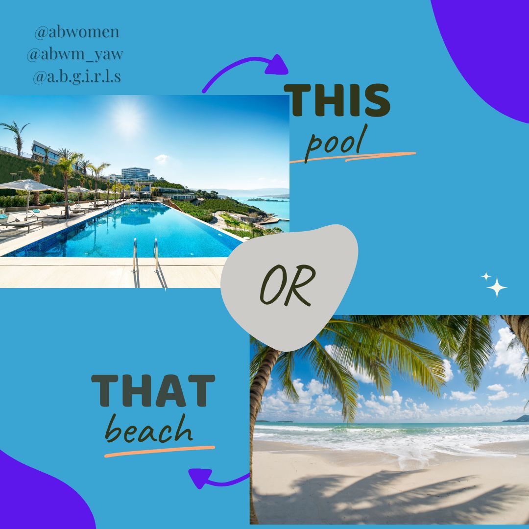 abgirls's tweet image. Where would you rather go? ¿Adónde prefieres ir?
#ABWM #ABYAW #ABGIRLS #GTT #GirlTalkTuesday #Tuesday #chat #when #choose #talk #this #that #women #girls #comment #eligir #beach #playa #would #you #rather #pool #piscina #pileta #alberca #niñas #some #mujeres #summer #verano